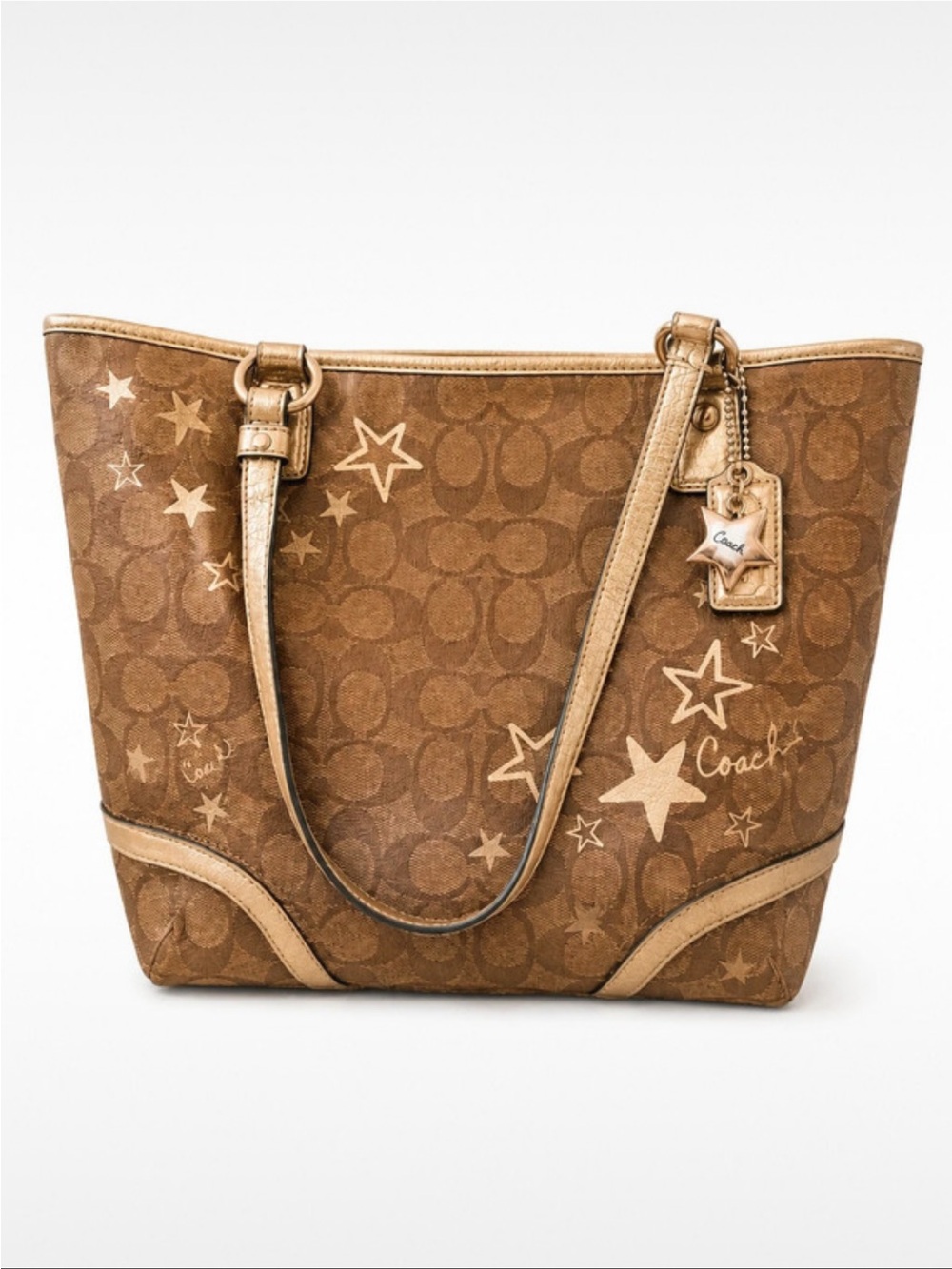 1244 Coach Metallic Gold Brown Star-Print Signature Tote 20841291244